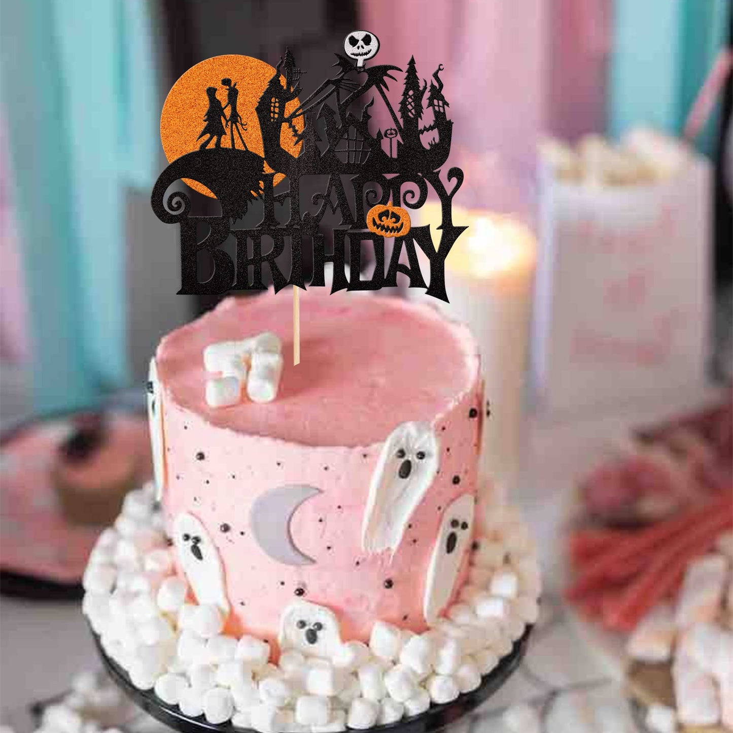 1 Pcs Halloween Happy Birthday Cake Topper Glitter Jack And Sally Pumpkin Bat Castle Ghost Halloween Cake Pick For Halloween The