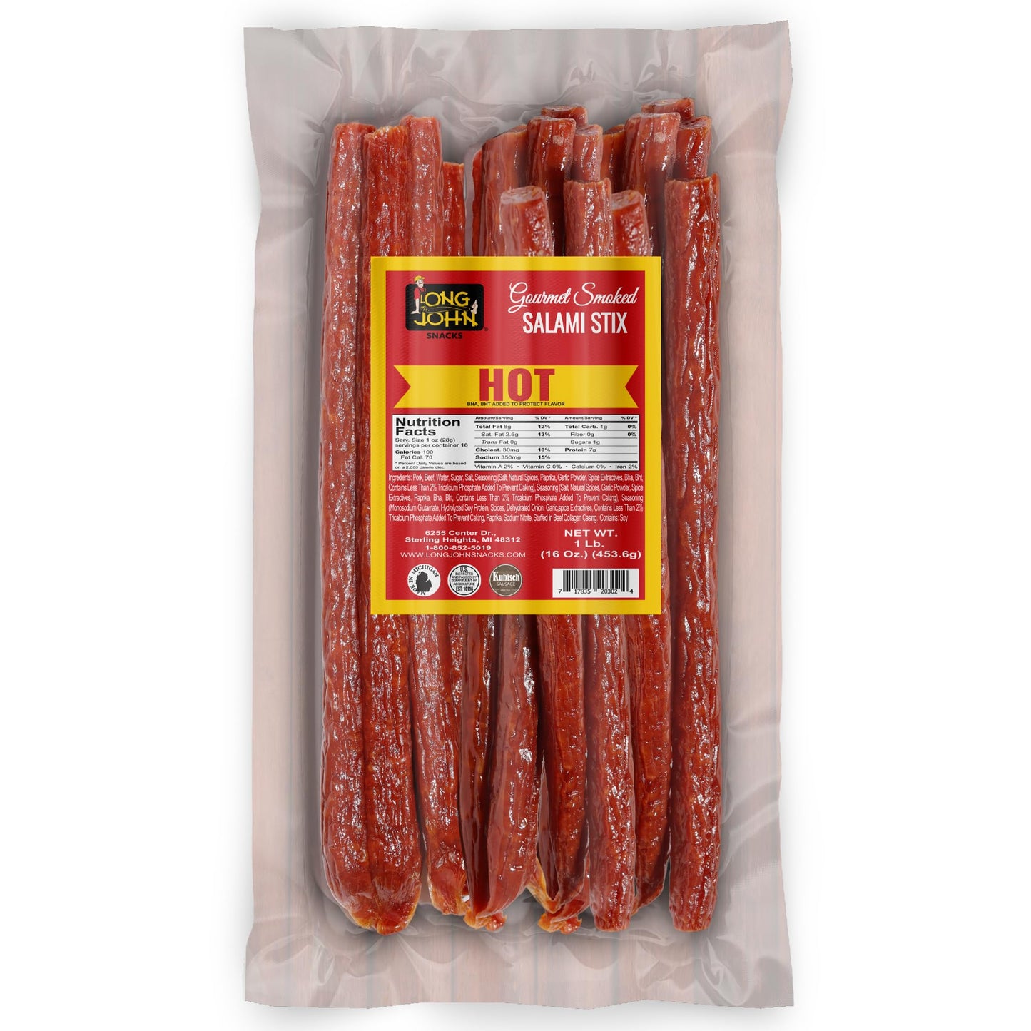 Long John Snacks Dried Salami Sticks - High Protein Smoked Meat Sticks Bulk Pack - Handcrafted From Fresh Enhanced Cuts Of Usa Beef And Pork - Low Carb, Gluten-Free, Keto Snacks - Hot, 16 Oz