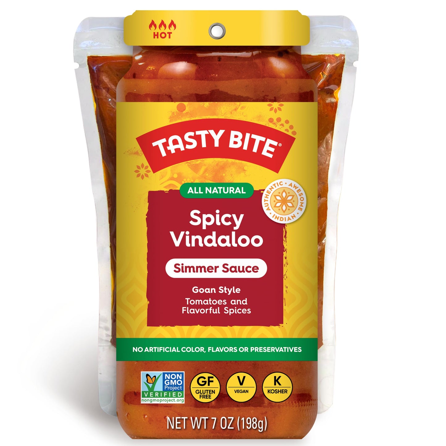 Tasty Bite Goan Style Spicy Vindaloo Simmer Sauce, 7-Ounce 5-Pack, 3-4 Servings Per Pouch, Vegan, Kosher, Non GMO