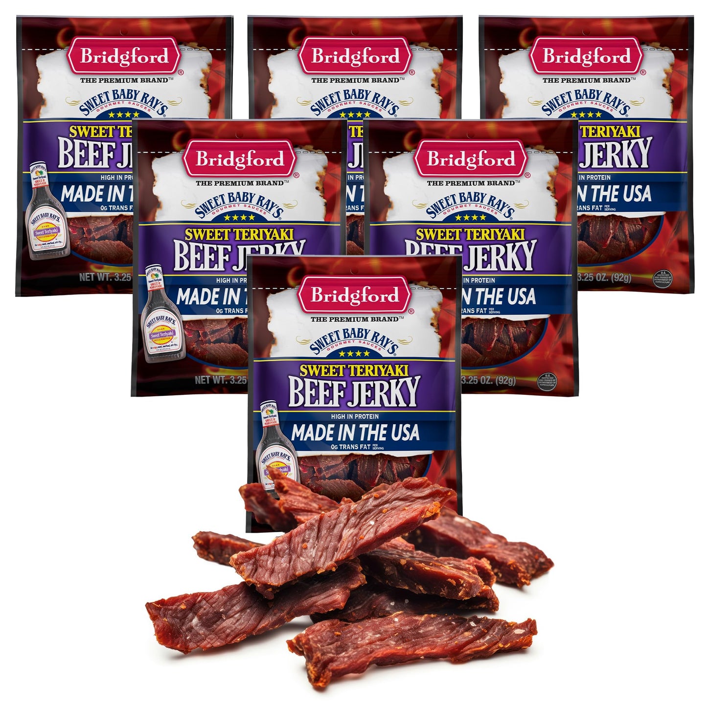 Bridgford Sweet Baby Rays Beef Jerky Sweet Teriyaki 3.25 oz Pack of 6 - Protein-Rich Snacks for Low Carb and High Protein Diets 
