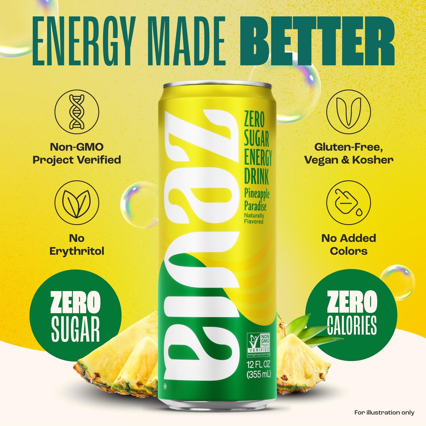 Zevia Zero Calorie Energy Drink, Pineapple Paradise, 12 Fl Oz, Pack of 12, Clear