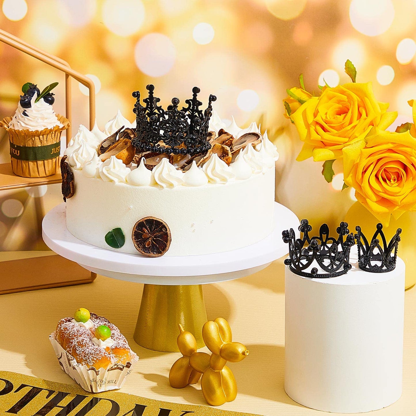 Moxweyeni 6 Pcs Crown Cake Topper Set, Artificial Pearl & Rhinestone, Small Tiara for Birthday, Wedding, Baby Shower, Black