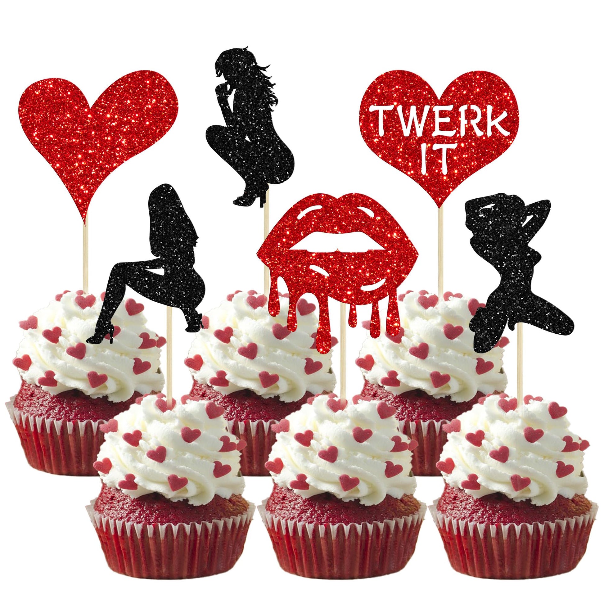 Gyufise 24 Pack Valentines Day Cupcake Toppers Glitter Bachelorette Party Twerk Heart Lipstick Cupcake Food Fruit Picks Bachelor