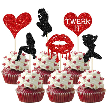 Gyufise 24 Pack Valentines Day Cupcake Toppers Glitter Bachelorette Party Twerk Heart Lipstick Cupcake Food Fruit Picks Bachelor