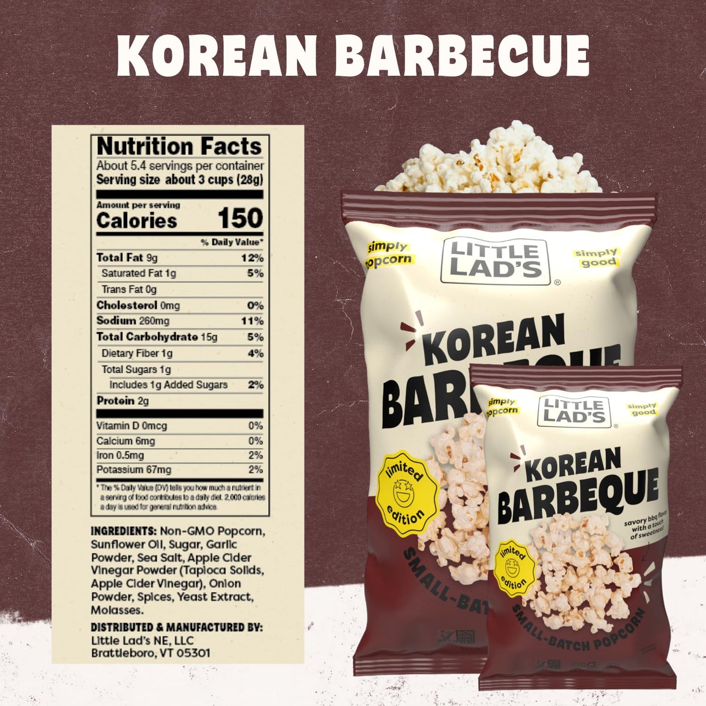 Little Lads Healthy Popcorn - Vegan, Gluten-Free, Non-Gmo Popcorn With Korean Barbecue Flavor -5.4 Oz (Pack Of 3) (5.4 Ounce (Pa