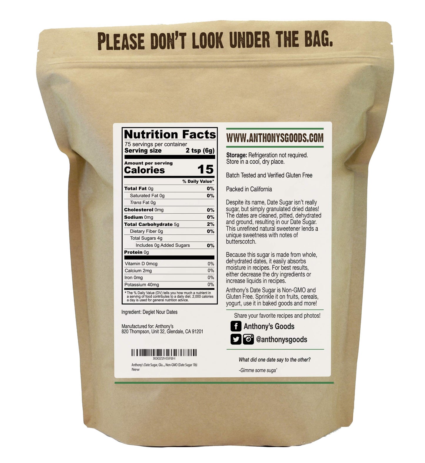 Anthony'S Date Sugar, 1 Lb, Gluten Free, Non Gmo, Vegan, Granulated