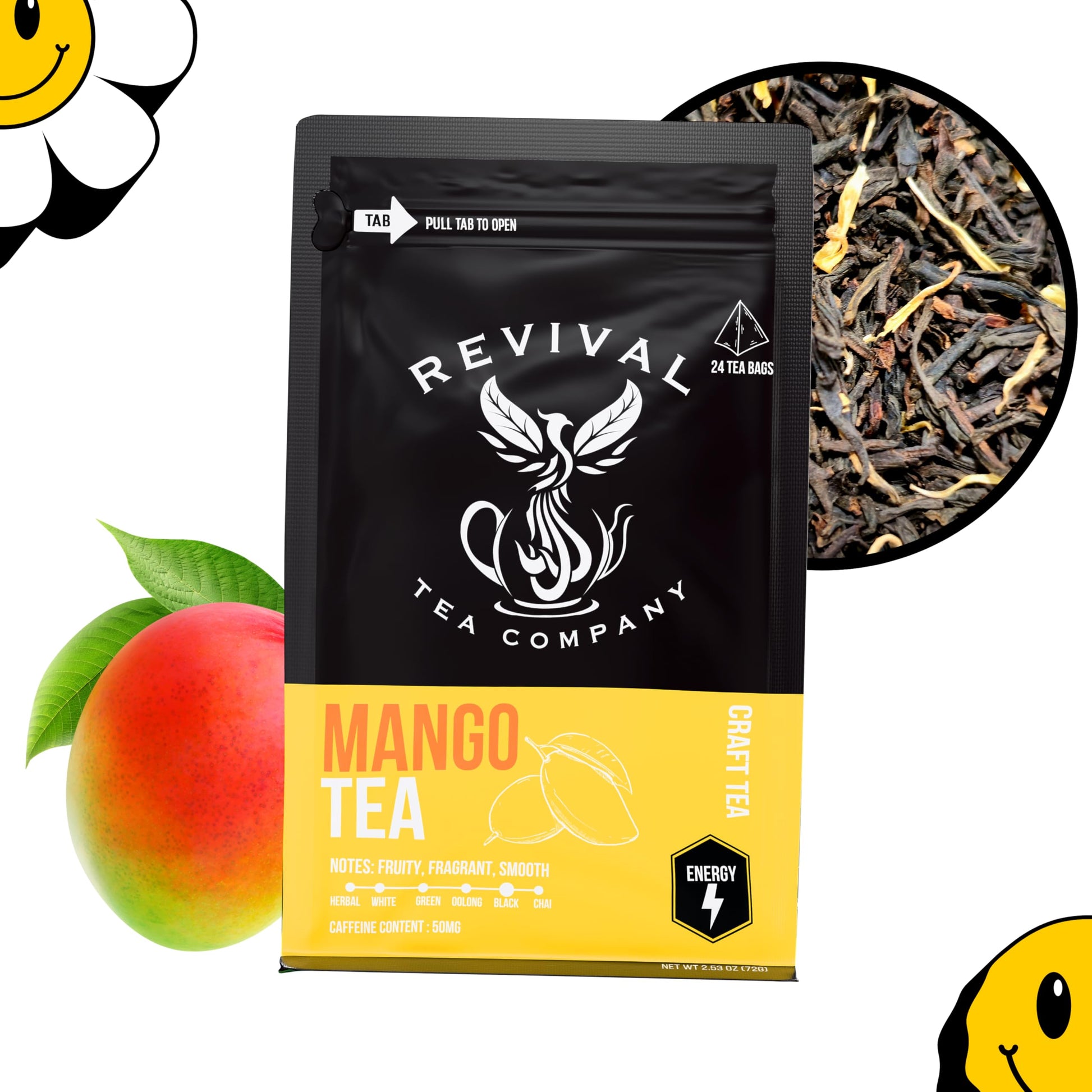 Revival Tea Company Mango Tea - Black Tea Blend with Real Mango - 24 Tea Bags