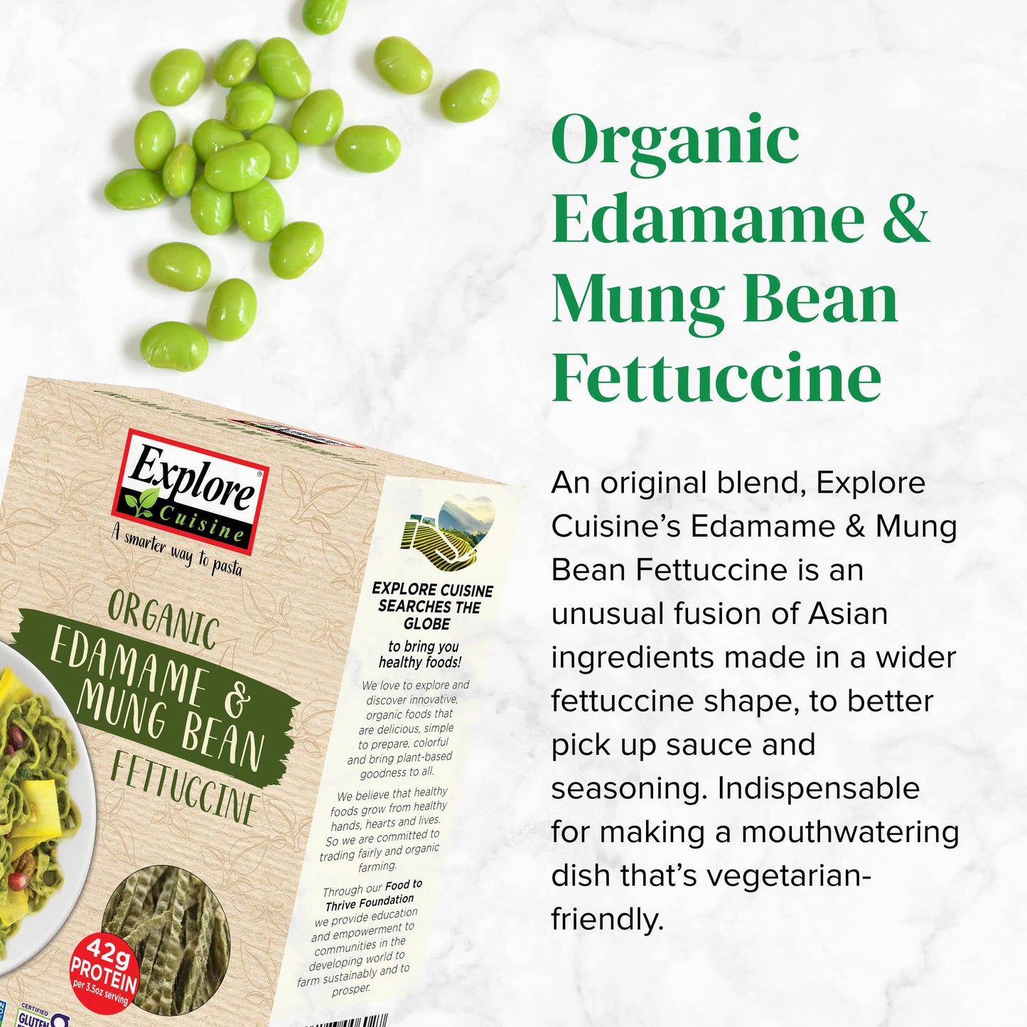 Explore cuisine Organic Edamame & Mung Bean Fettuccine - 8 oz - Easy-to-Make Pasta - High in Plant-Based Protein - Non-gMO glute
