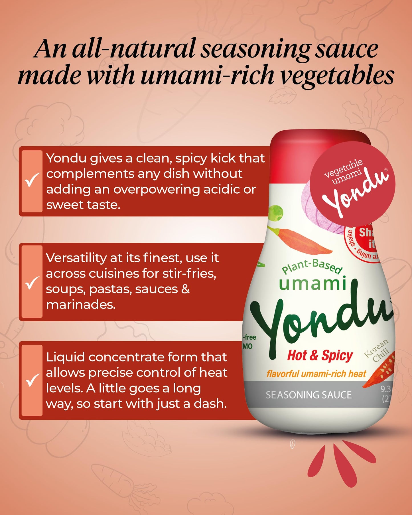 Yondu Hot & Spicy Vegetable Umami Essence (9.3fl oz) - Authentic Korean Sauce for All Dishes. Premium Plant-Based Seasoning, Nat