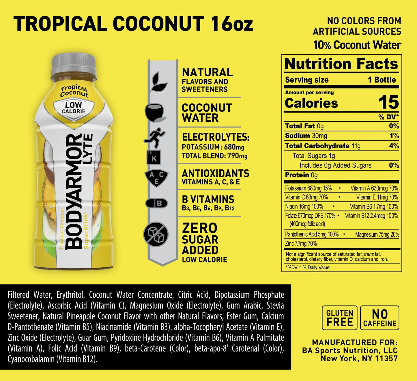 BODYARMOR LYTE Sports Drink, Low-Calorie Coconut Water, 16 Fl Oz (Pack of 12), Hydration with Vitamins and Electrolytes
