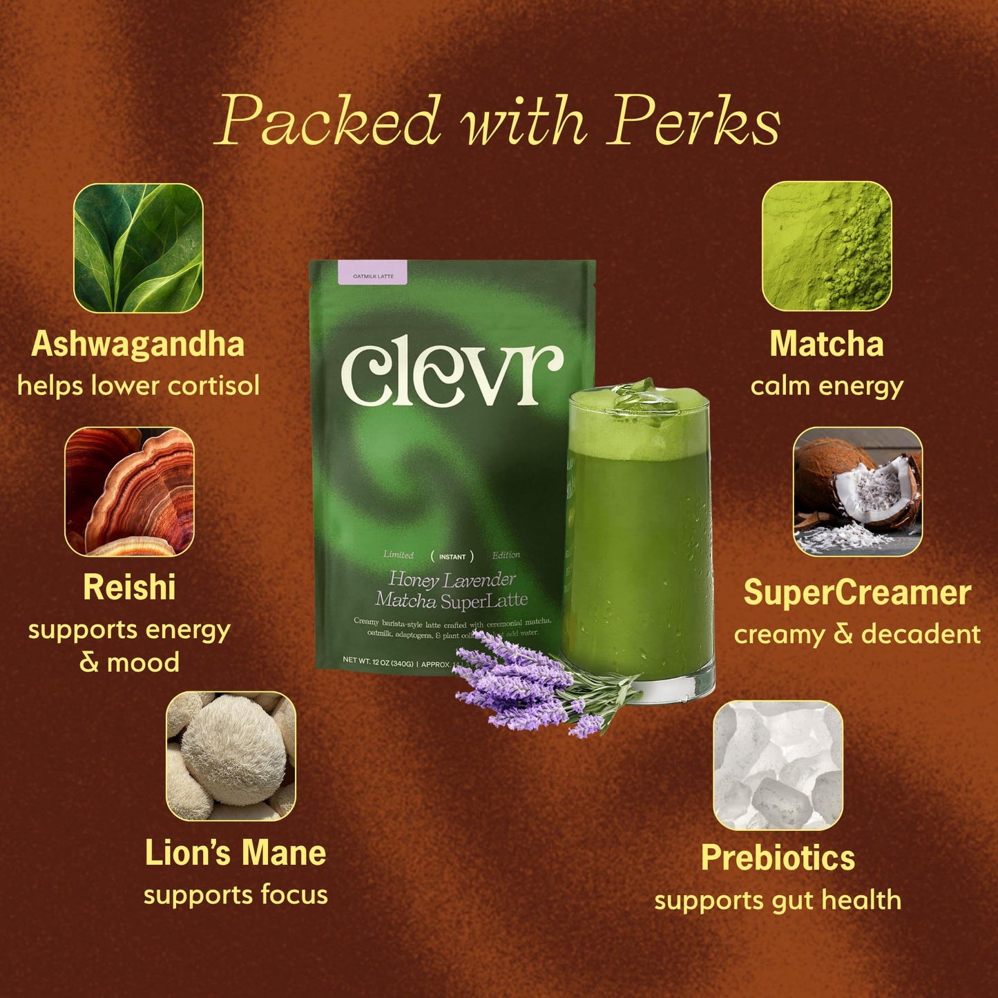 Clevr Blends Organic Honey Lavender Matcha SuperLatte  Instant Ceremonial Grade  Superfood Powder Blend  Oat Milk  Lion Mane  Reishi Mushroom  Coconut Cream  Ashwagandha  Serve Hot or Iced (14 Lattes)