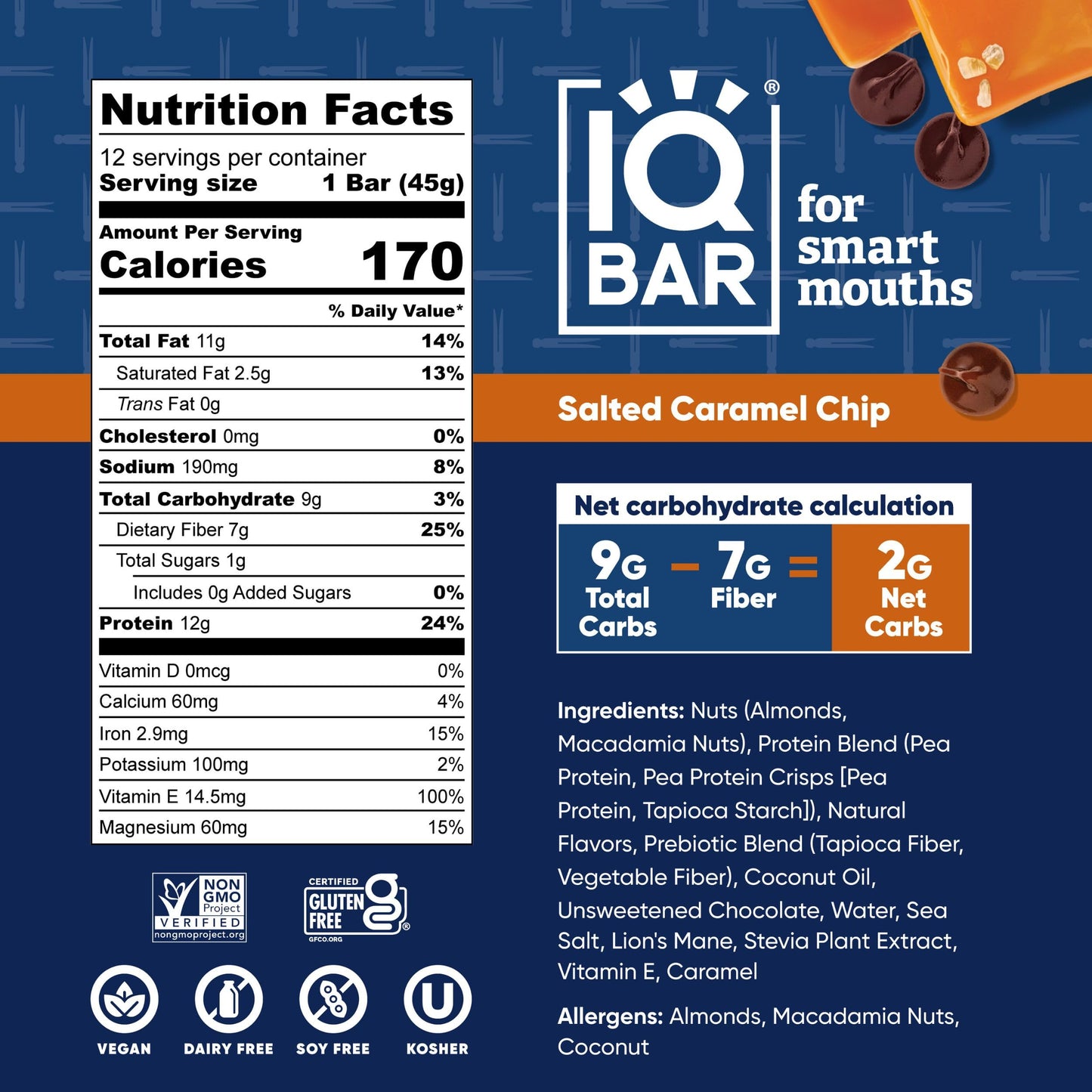 IQBAR x Chef Thomas Keller - Brain and Body Plant Protein Bars - Salted Caramel Chip - 12-Count, Low Carb, High Fiber, Gluten Fr