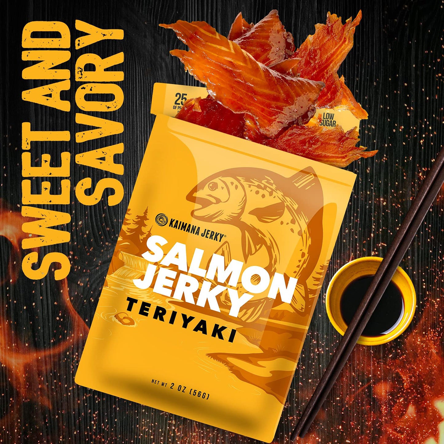 Kaimana Jerky Wild Caught Salmon Jerky, Teriyaki Flavor, Organic, Low-Calorie, 2oz Pack