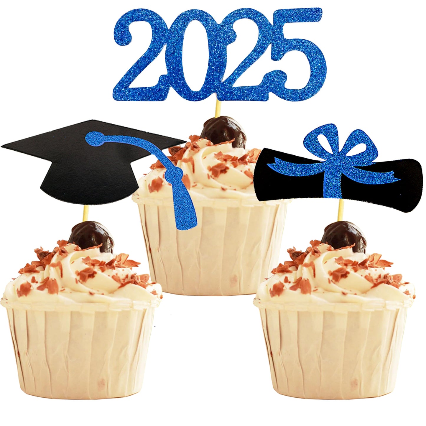 YuBoBo Graduation Cupcake Toppers Glitter Food Picks Diploma Grad Cap Favors Blue