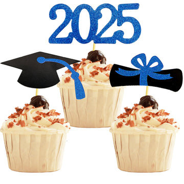 YuBoBo Graduation Cupcake Toppers Glitter Food Picks Diploma Grad Cap Favors Blue