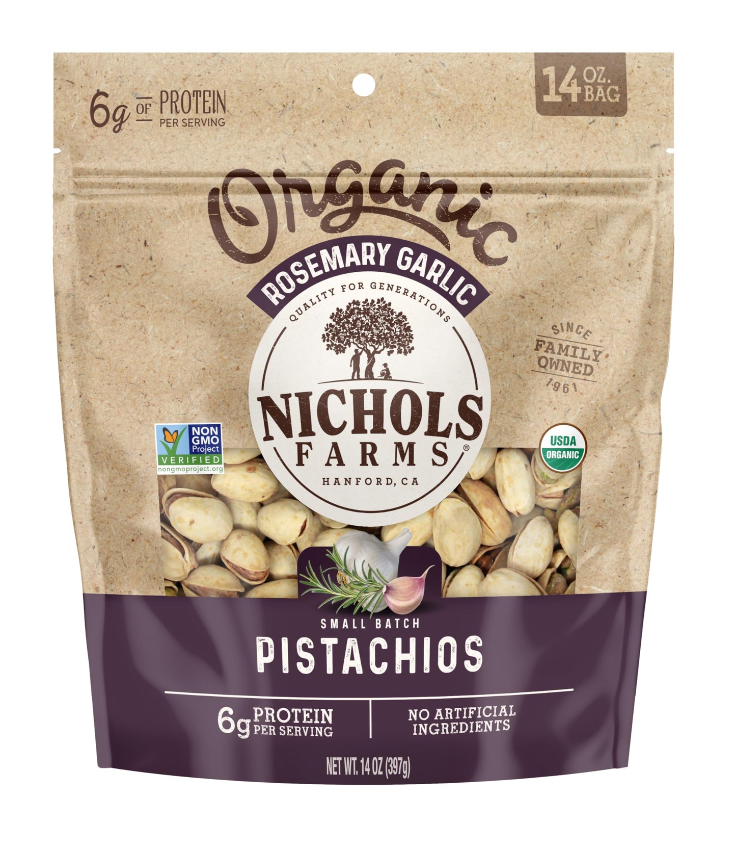 Nichols Farms Organic Inshell California Pistachios  Healthy Protein Snack  Rosemary Garlic  14Oz