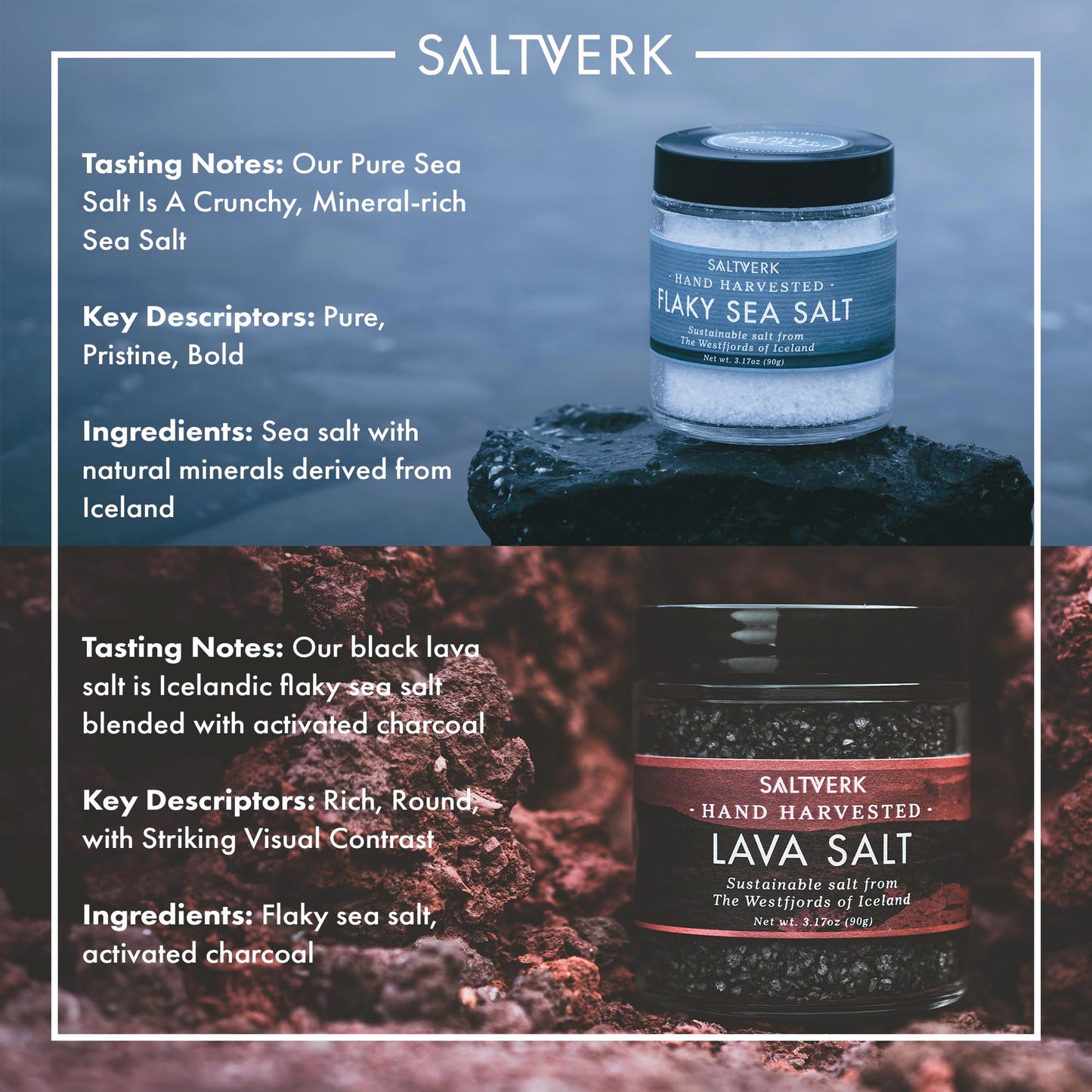 Saltverk - Salt Gift Set Of 2 - Includes Flaky Pure & Lava Sea Salt Sampler - Hand Harvested Gourmet - Sustainably Made - 6.34 O