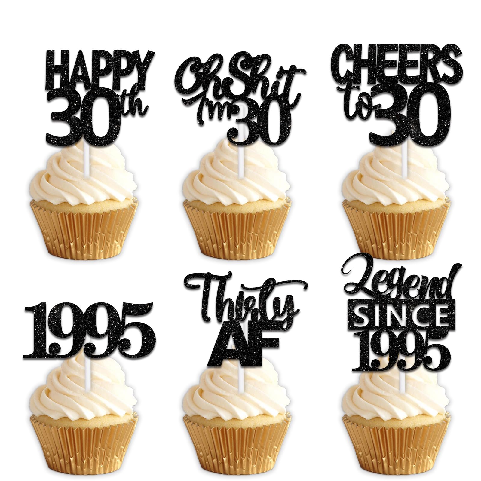 18pcs Black Glitter Happy 30th Dessert Cupcake Topper Pick for Funny Legend Since 1995 Theme Decor Supplies Men Women Happy 30 B
