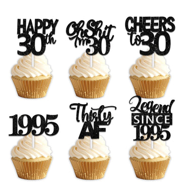 18pcs Black Glitter Happy 30th Dessert Cupcake Topper Pick for Funny Legend Since 1995 Theme Decor Supplies Men Women Happy 30 B