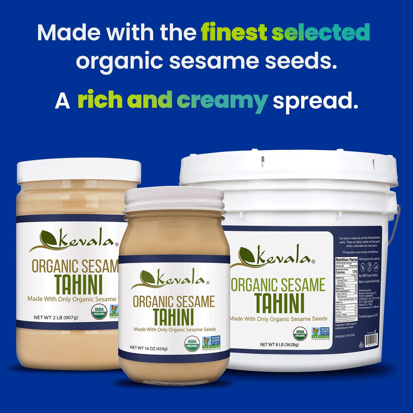 Kevala Organic Sesame Tahini - Product For Hummus, Vegan Spread Butter, Gluten Free Snack, Made From Premium Seeds, Bulk Size, N