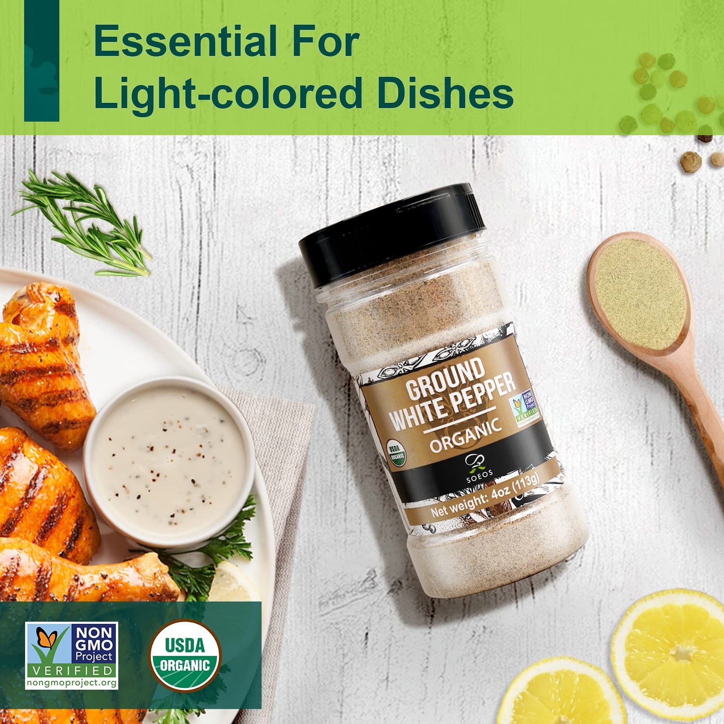 Soeos Organic White Pepper Ground, Non-GMO, 4 oz (113g), Freshly Packed, Ready to Use