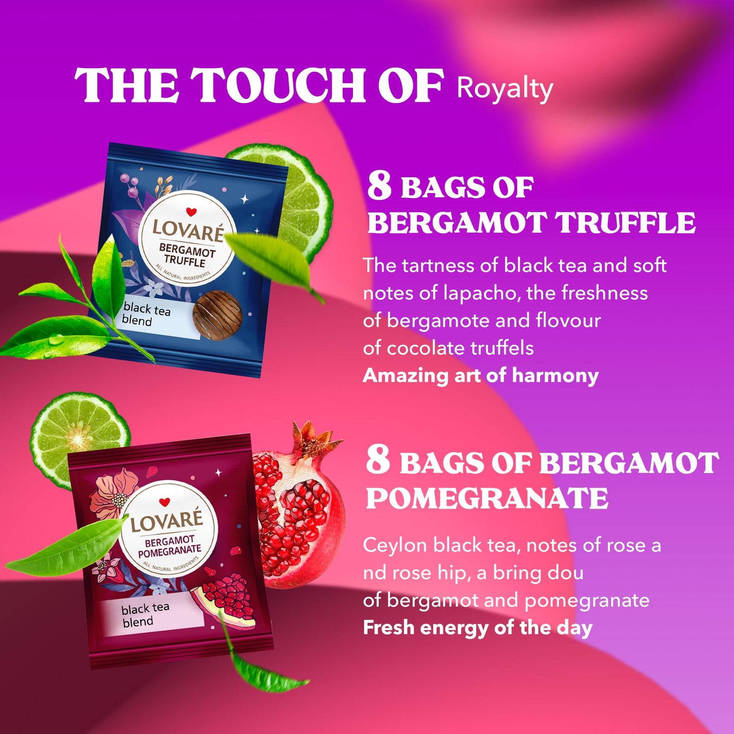 Lovare Bergamot Assorted Tea Variety Pack 32 Pack, 4 Tastes - Made In Ukraine - Black Tea Bags Individually Wrapped - Assorted T