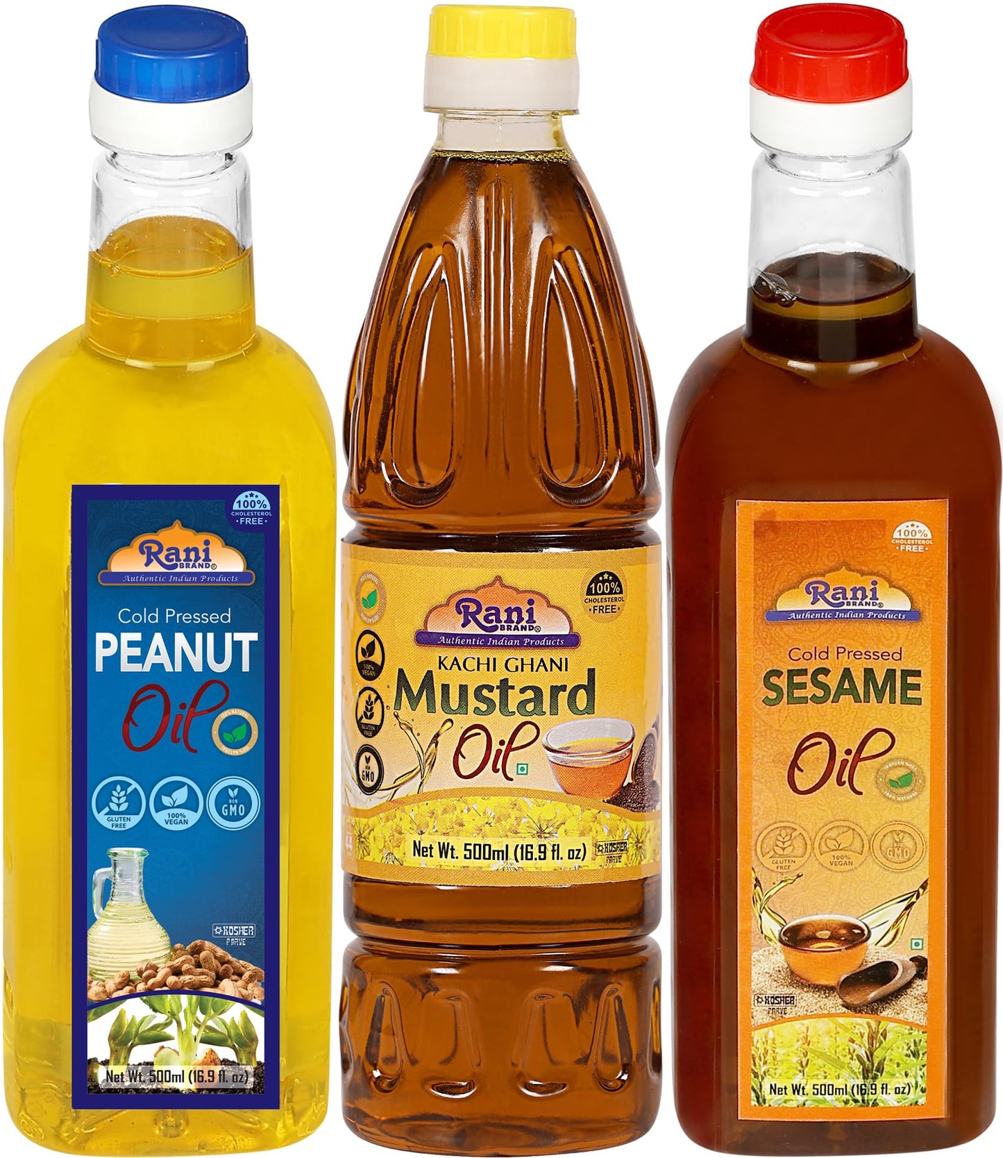 Rani Premium Oils Combo Set of 3 - Peanut Oil, Mustard Oil, Sesame Oil 16.9 Ounce (500ml) ~ Cold Pressed | 100% Natural | Kosher
