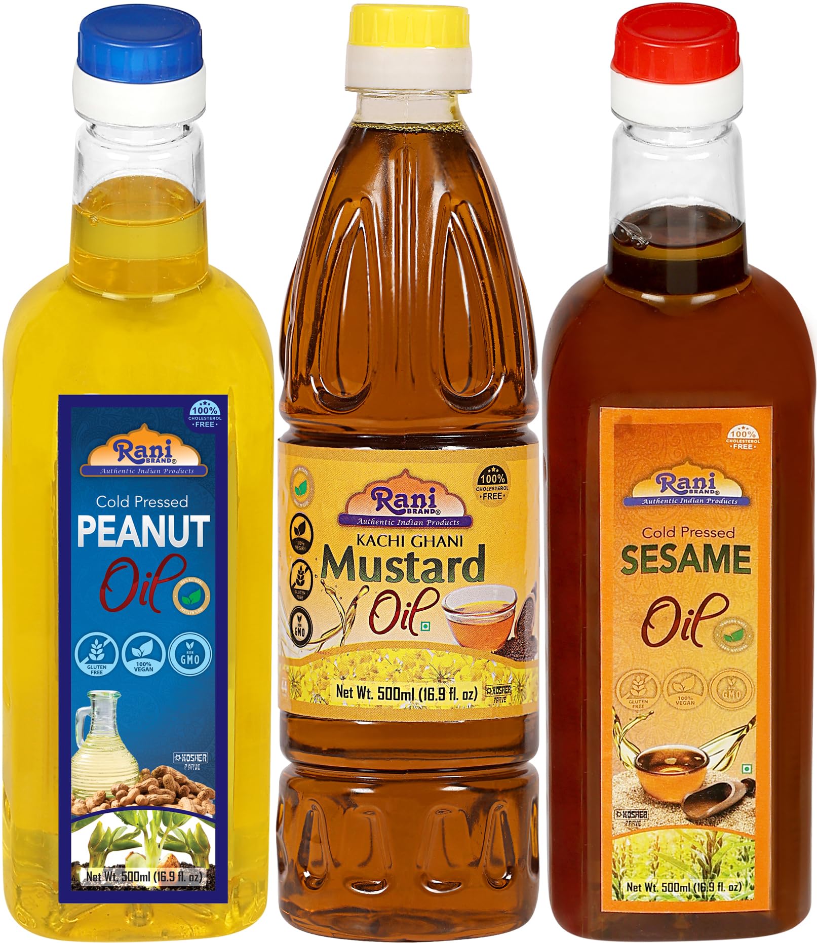 Rani Premium Oils Combo Set of 3 - Peanut Oil, Mustard Oil, Sesame Oil 16.9 Ounce (500ml) ~ Cold Pressed | 100% Natural | Kosher