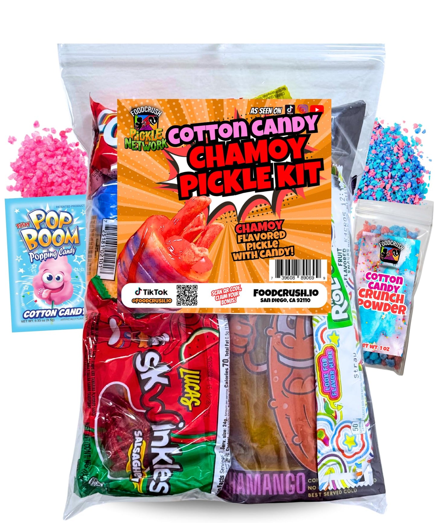 Food Crush Chamoy Pickle Kit with Cotton Candy Crunch - 13 Pcs Birthday Gift Pouch for Teens and Kids, Includes Fruit Roll Ups and Salsagheti