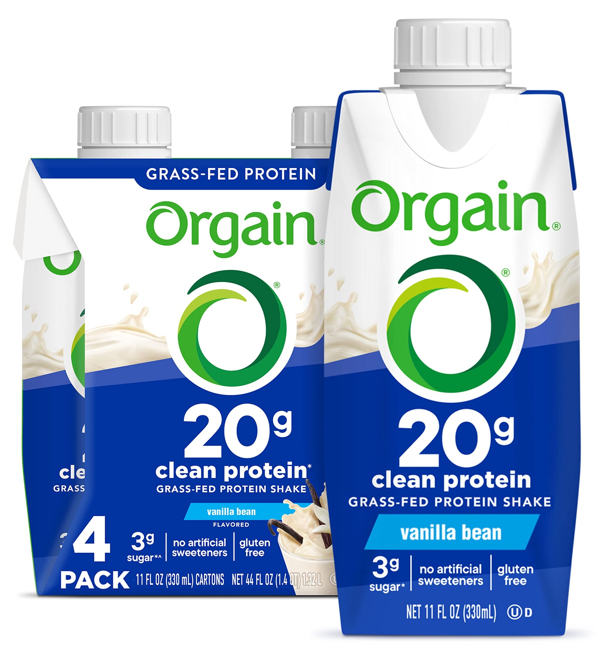 Orgain Clean Protein Shake  Grass Fed Dairy  Vanilla Bean - 20g Whey High Protein  Kosher  Ready to Drink  Low Net Carbs  Gluten Free  No Soy Ingredients  11 Fl Oz (Pack of 4)