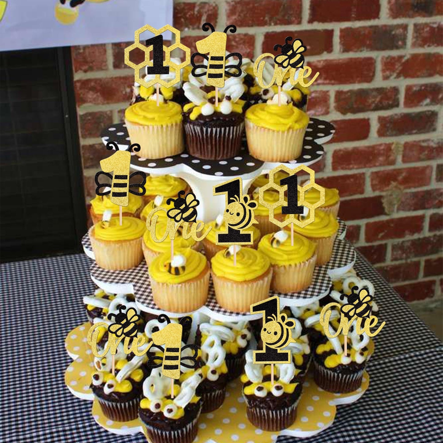 24 Pcs Bee One Cupcake Toppers Black And Gold Glitter Honeycomb Number 1 Bee Cupcake Picks 1St Birthday Cake Decoration For Bumb