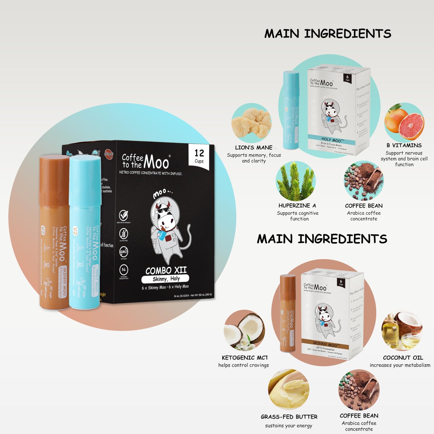 Coffee To The Moo Nitro Cold Brew Coffee Concentrate Combo Pack - Keto & Mushroom Coffee | Instant Iced Or Hot | Pocket/Purse Si