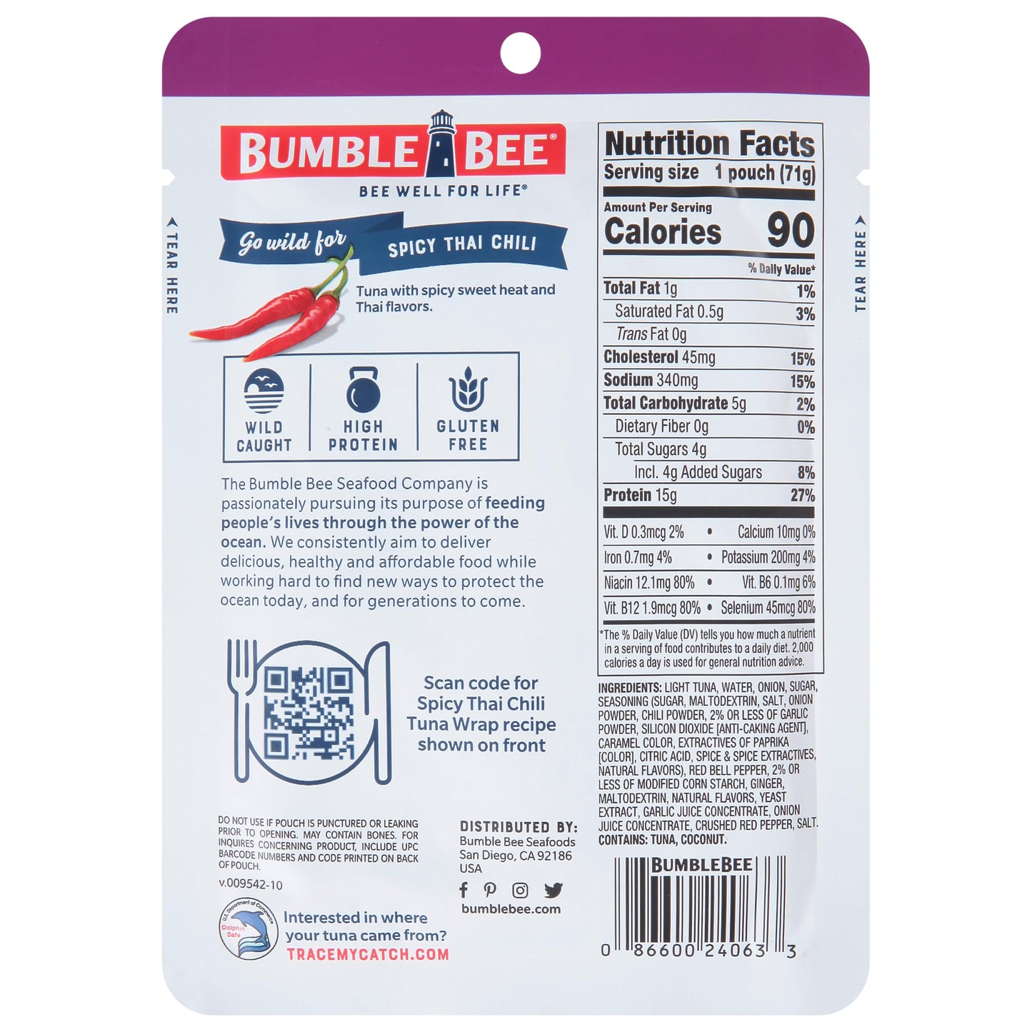 Bumble Bee Spicy Thai Chili Seasoned Tuna, 2.5 Oz Pouches (Pack Of 12) - Ready To Eat - Wild Caught Tuna Packet - 15G Protein Per Serving - Gluten Free