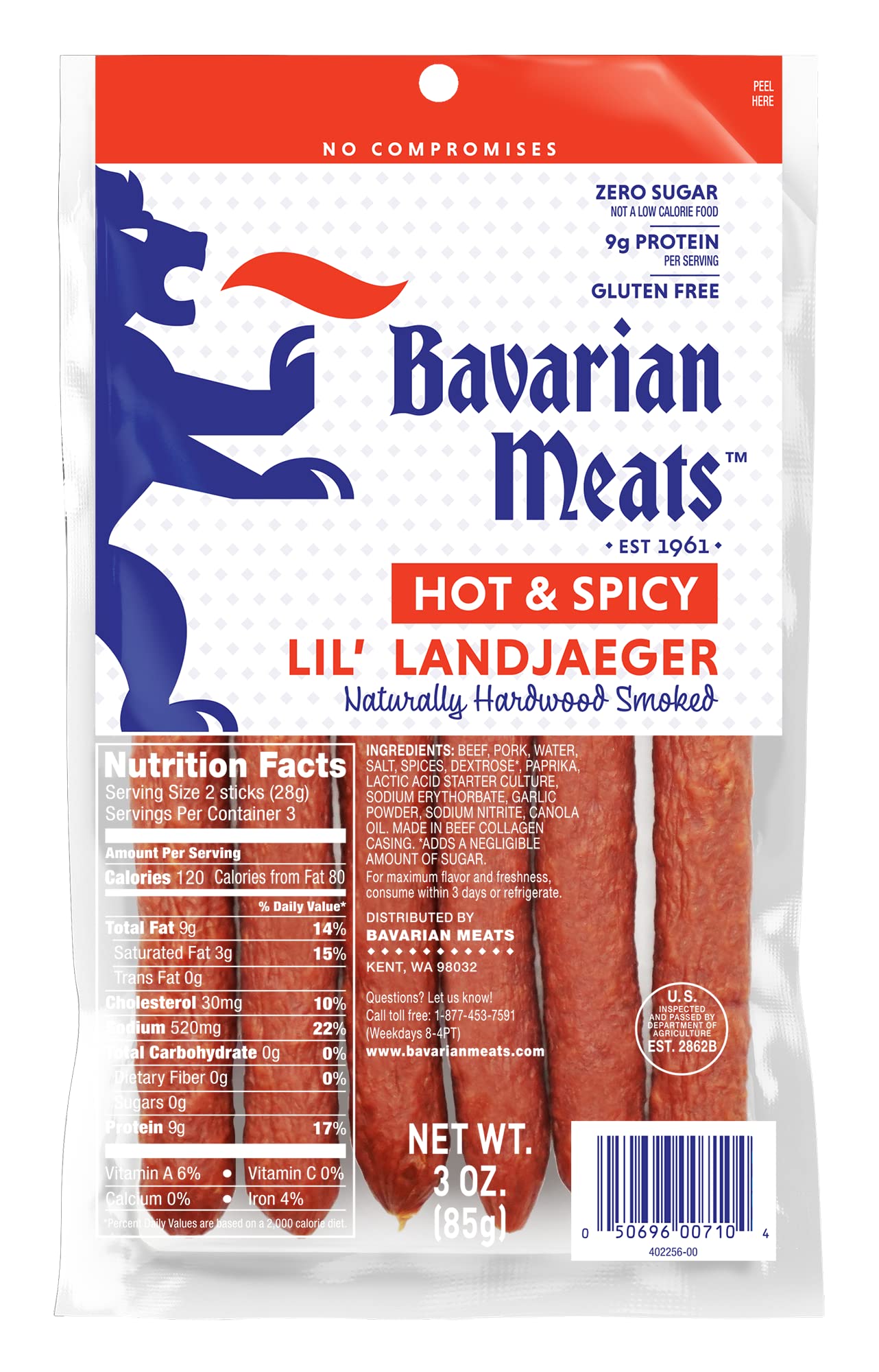 Bavarian Meats Hot & Spicy Landjaeger Meat Sticks, Zero Sugar, Gluten Free, Keto Friendly, 3 Ounce (Pack of 6)