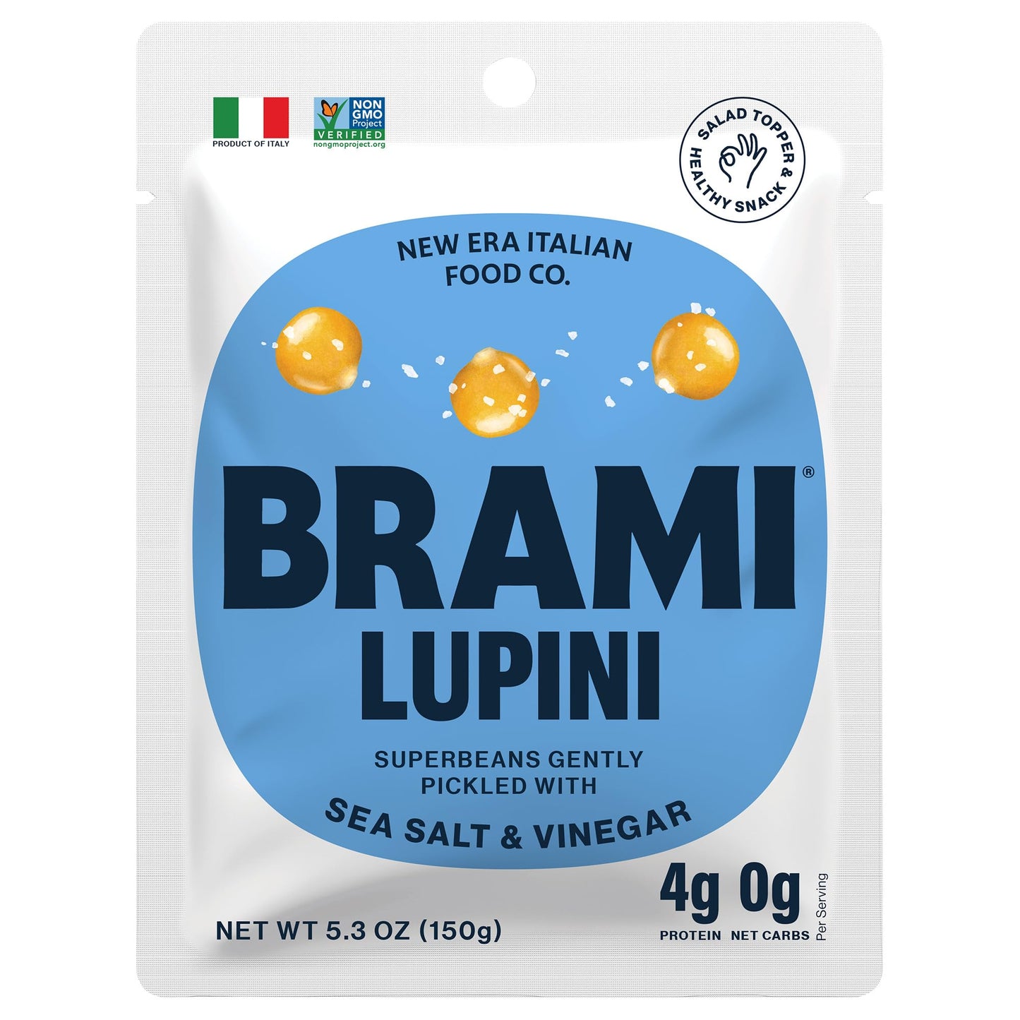 BRAMI Lupini Beans Snack, Sea Salt & Vinegar, 7g Plant Based Protein, 0g Net Carbs, Vegan, Vegetarian, Keto, Mediterranean Diet,