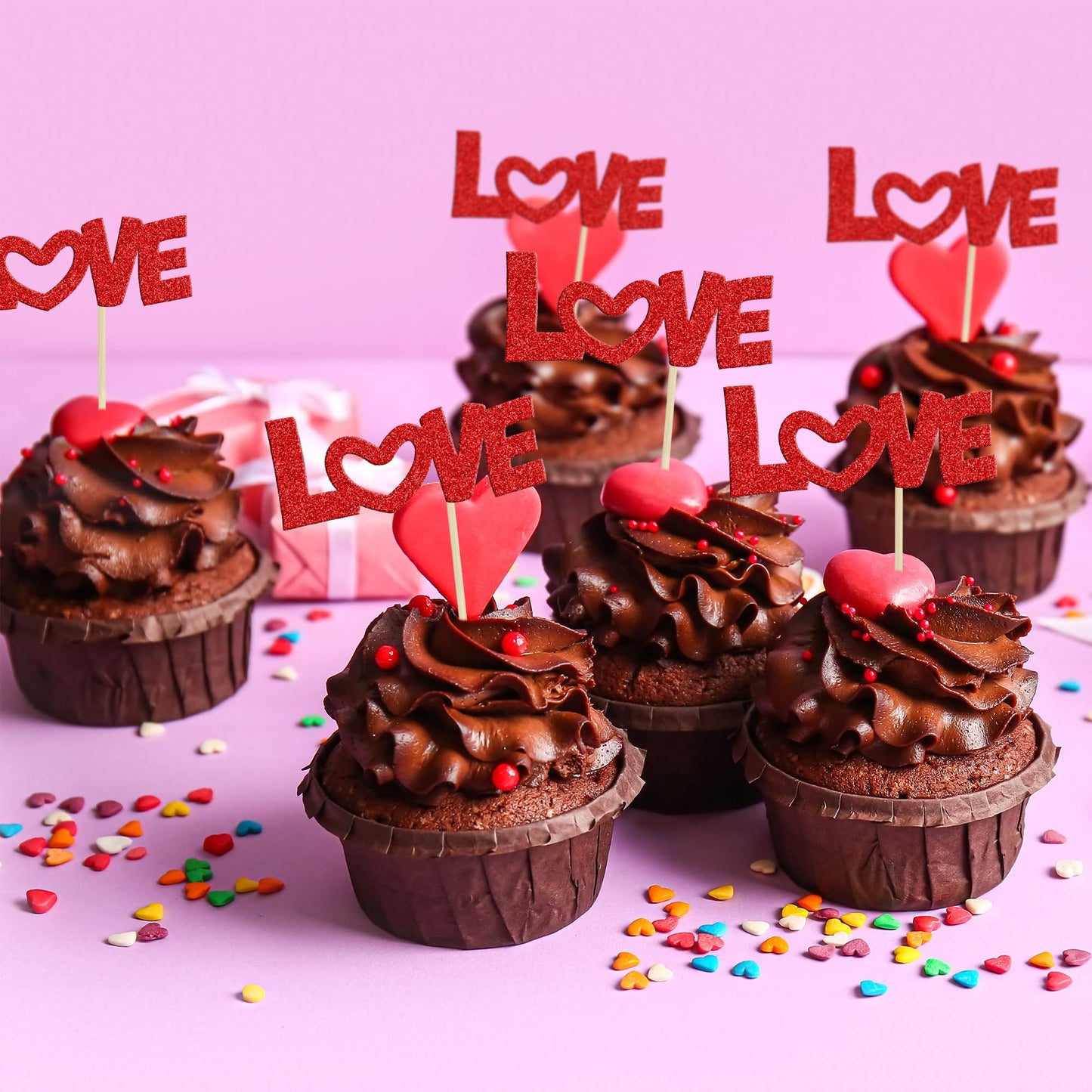 24Pcs Valentine'S Day Love Cupcake Toppers Glitter Pink Bow Sweet Love Cupcake Picks Valentine'S Day Theme Wedding Engagement Br