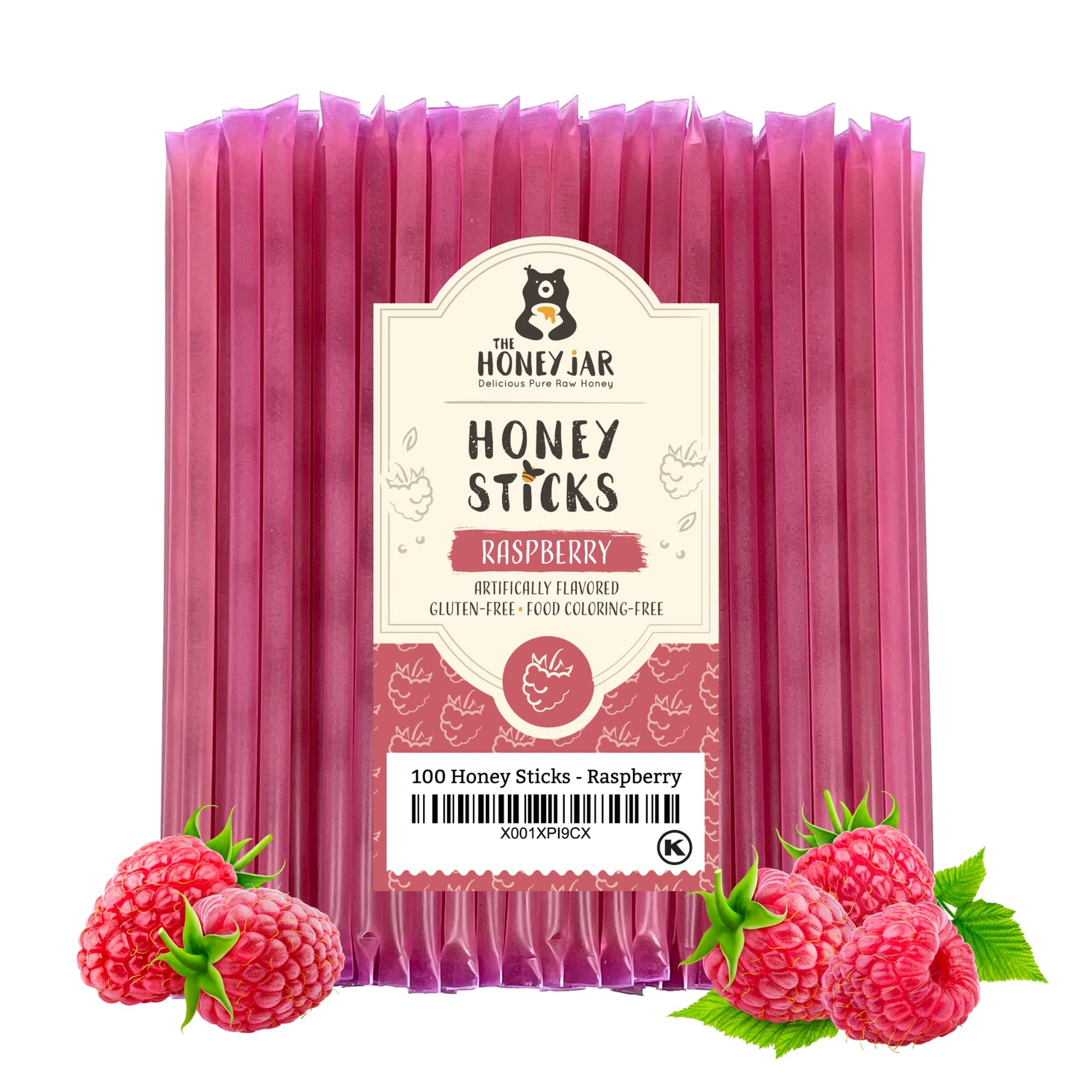 The Honey Jar Raspberry Flavored Honey Sticks - Pure Honey Straws For Tea, Coffee, Or A Healthy Treat - One Teaspoon Of Flavored