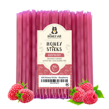 The Honey Jar Raspberry Flavored Honey Sticks - Pure Honey Straws For Tea, Coffee, Or A Healthy Treat - One Teaspoon Of Flavored