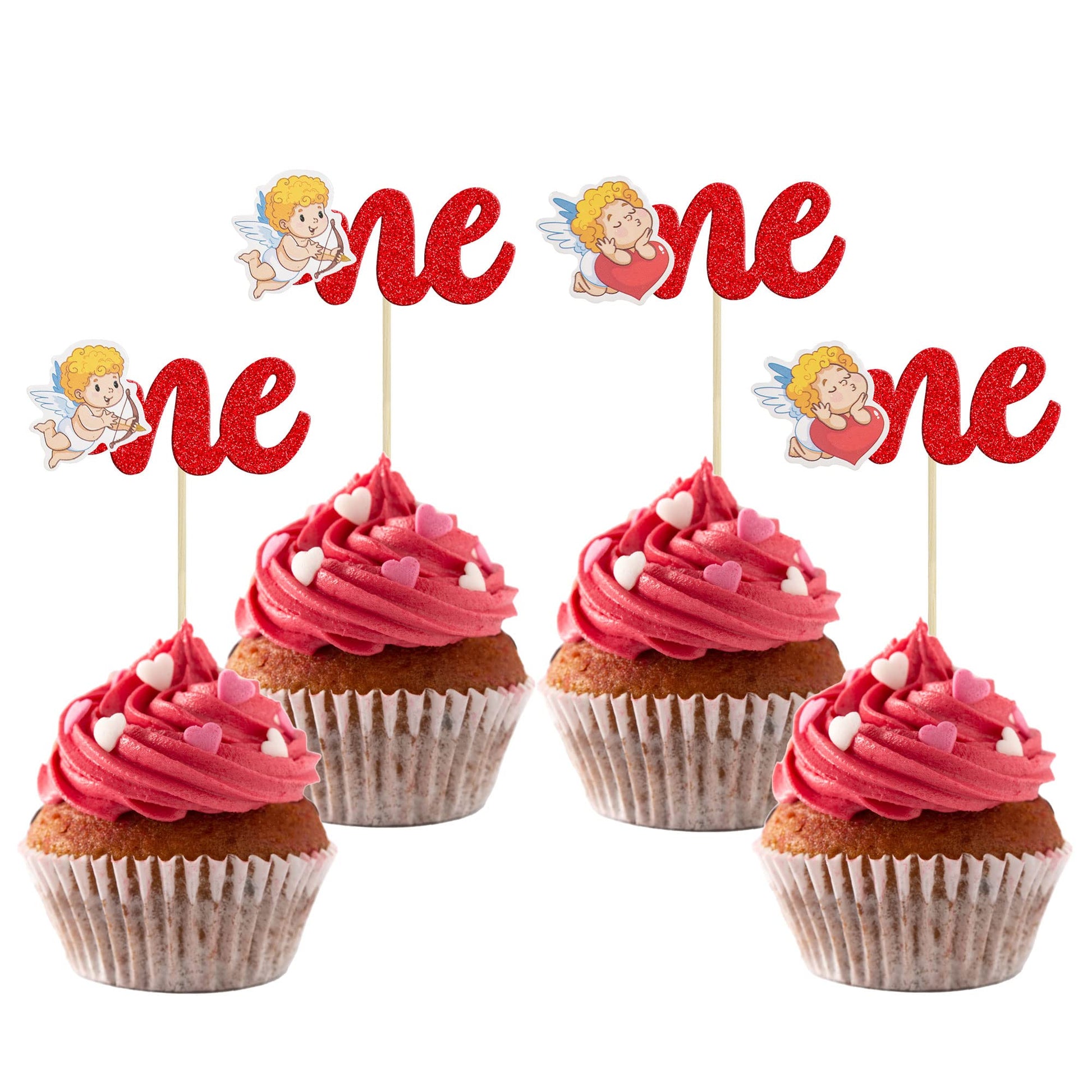 Gyufise 24Pcs One Cupcake Toppers Red Glitter Sweet Love Cupid 1St Valentine'S Day Cupcake Picks Valentine'S Day Theme Wedding B