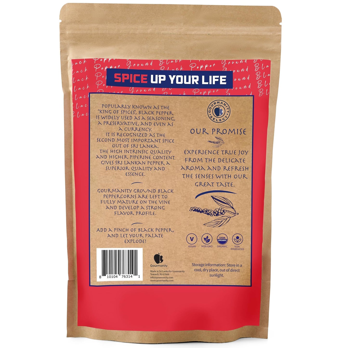 Gourmanity Select Organic Fine Ground Black Pepper, Ceylon Black Ground Pepper Spice, Ideal For Seasoning And Gourmet Cooking, V