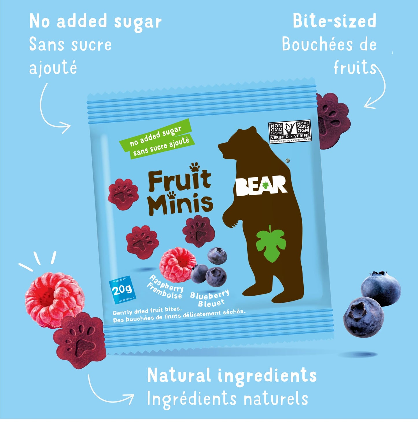 Bear Real Fruit Snack Minis, Raspberry/Blueberry, No Added Sugar, All Natural, Bite Sized Snacks For Kids, Non Gmo, Gluten Free,