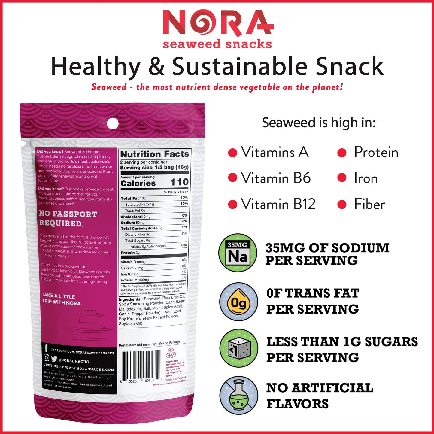 Crispy Spicy Seaweed Snacks By Nora | Low-Carb Asian Snack | Vegan, Gluten Free, Non Gmo Verified | 6-Pack