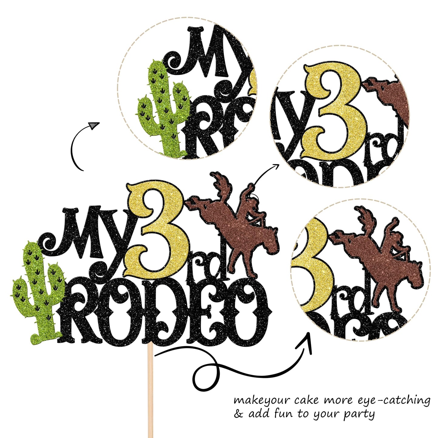 1 Pcs My 3Rd Rodeo Cake Topper Brown Glitter Cactus Third Birthday Cake Pick Decoration For Western Little Cowboy Theme Baby Sho