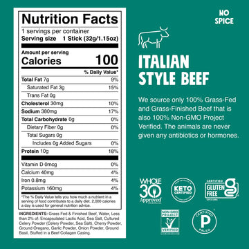 Chomps Grass-Fed and Finished Italian Beef Jerky Snack Sticks 10-Pack - Keto, Paleo, Whole30, 10g Lean Meat Protein, Gluten-Free