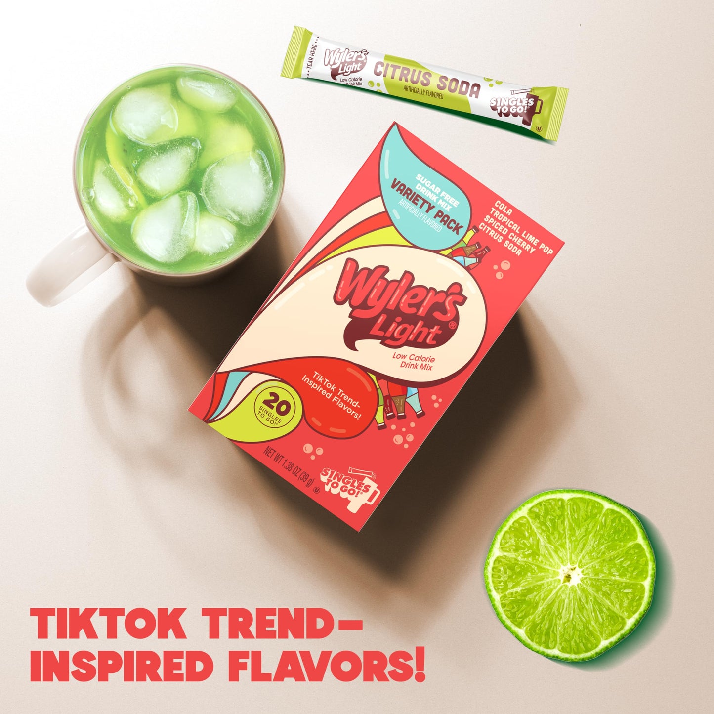 Wylers Light Singles To Go Water Drink Mix, Soda-Inspired Flavor Pack, 20 Sticks (Cola, Tropical Lime Pop, Spiced Cherry, Citrus