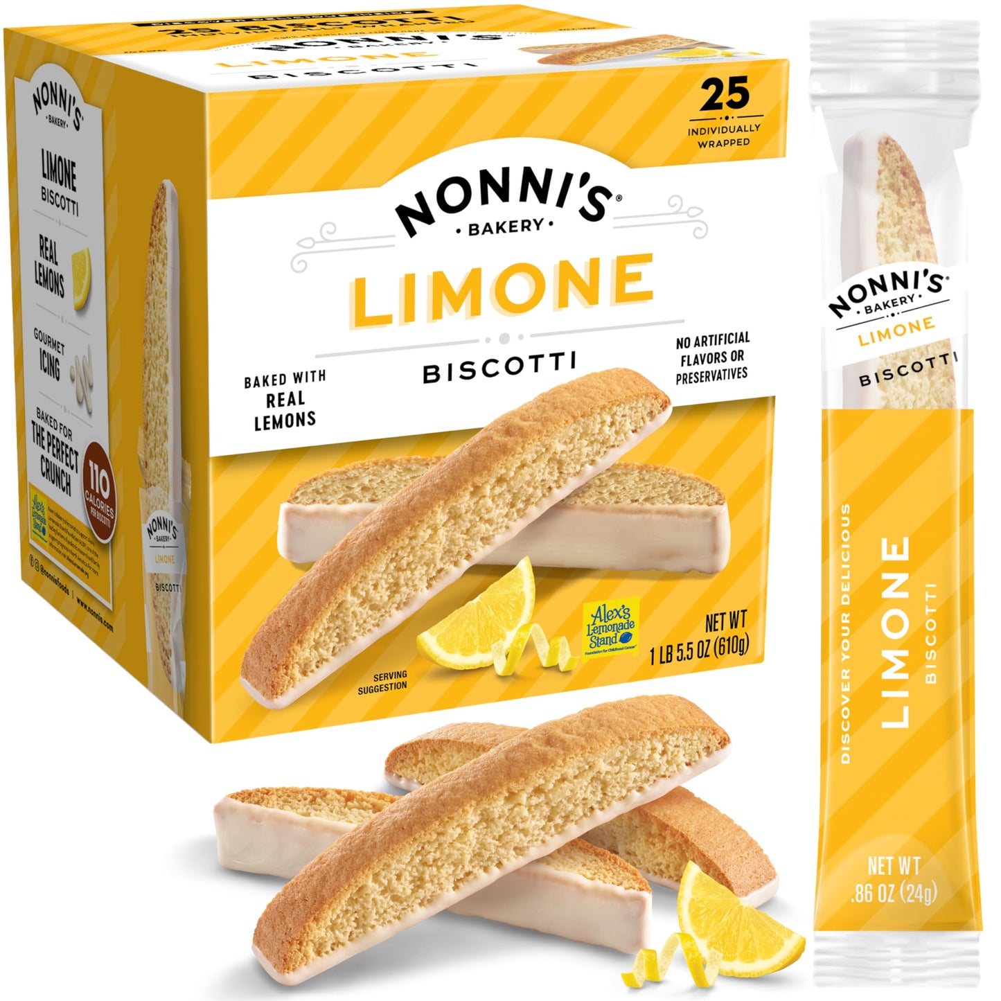 Nonnis Biscotti Cookies - Lemon-Iced, Crunchy Twice-Baked, 21.5 oz Carton, Individually Wrapped, Yellow