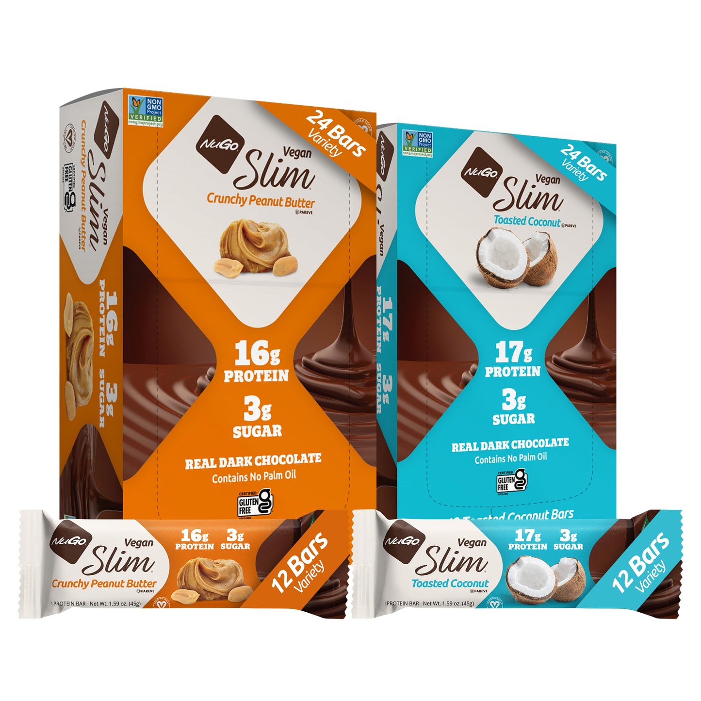 NuGo Slim 24ct Vegan Variety - Crunchy Peanut Butter 12 bars & Toasted Coconut 12 bars, Low Net Carb, Keto Friendly, 16-17g Plan