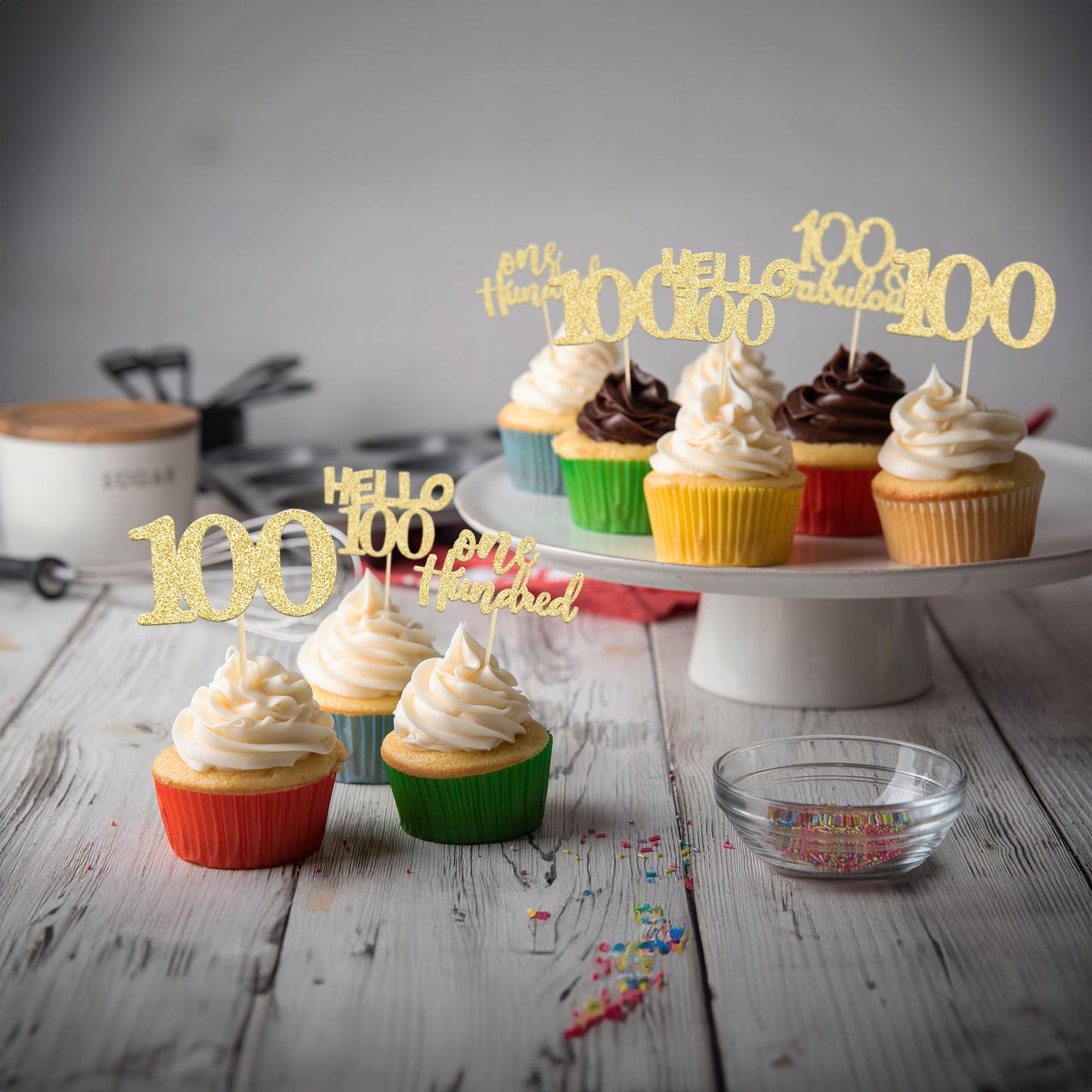 Gyufise 24Pcs Gold Glitter 100Th Birthday Cupcake Toppers Hello 100 One Hundred Cake Toppers 100 & Fabulous Cupcake Picks For 10