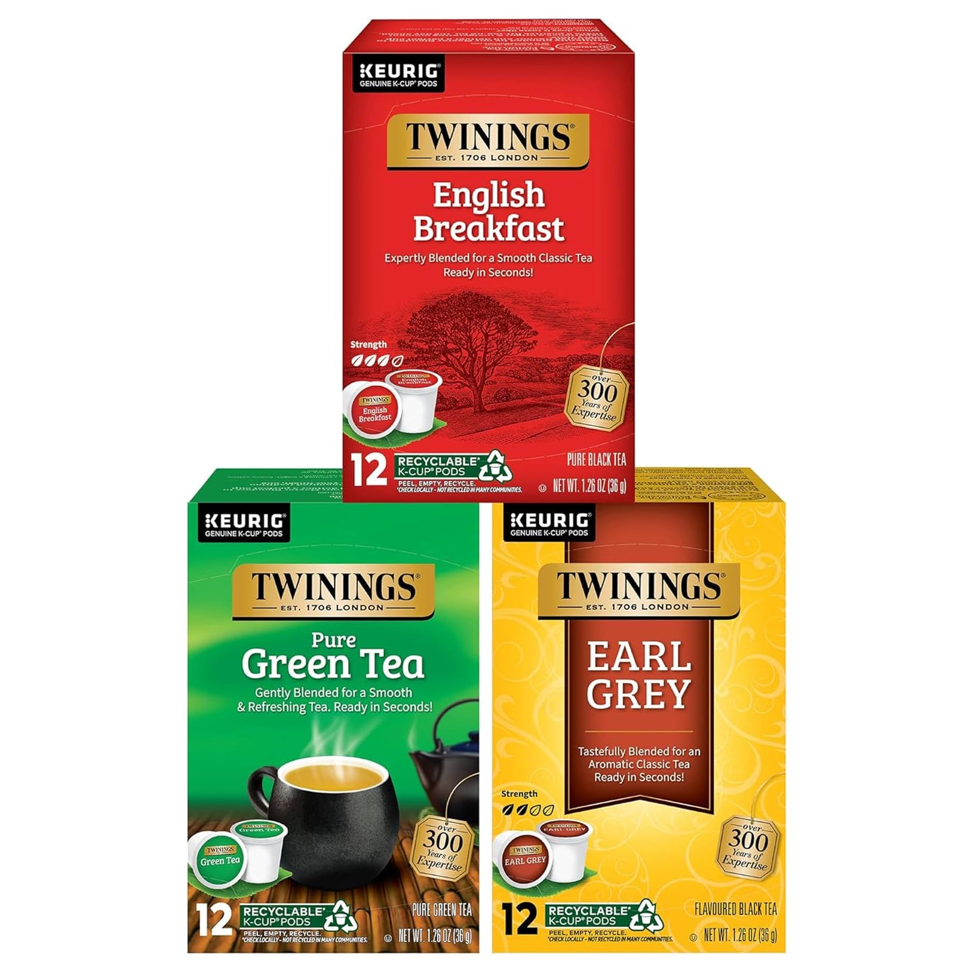 Twinings Variety Sampler K-Cup Pack, Includes English Breakfast, Earl Grey & Green, 12 Count (Pack of 3), Variety Tea Pack