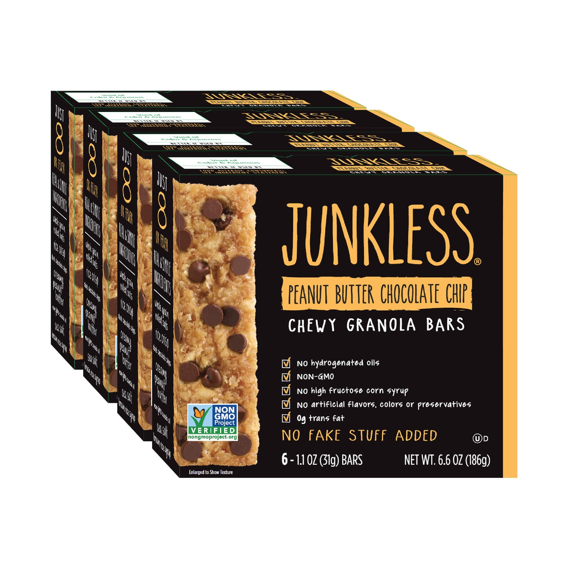Junkless Chewy Granola Bars, Peanut Butter Chocolate Chip, 24 Bars (6 X 1.1 Oz Bars/Box - 4 Boxes), Non-Gmo, Low Sugar, Great Tasting, Made For Kids & Families